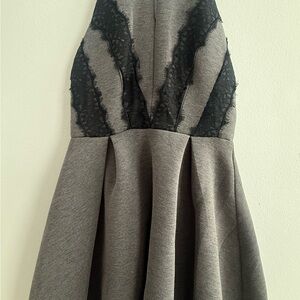 Grey Fit-and-Flare Dress with Black Lace Insets
